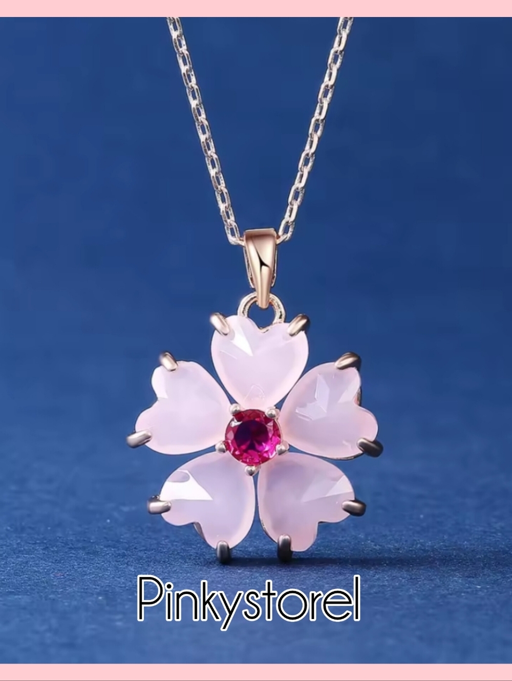 Rose Gold Pink Flower Pendant Necklace with Pink Center - Picture 6 of 7